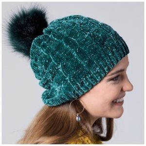 Teal chenille faux fur pom beanie